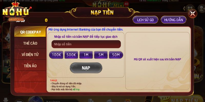 Hướng dẫn nạp tiền NOHUWIN